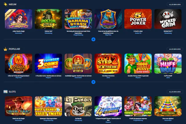 JaaBet Casino spellencatalogus met nieuwe spellen, populaire slots en titels van verschillende spelaanbieders